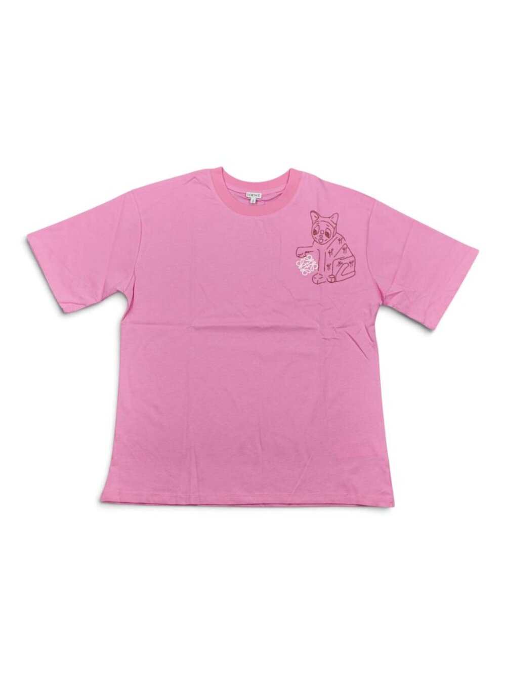 LOEWE Pink Embroidered Cat Anagram Logo Cotton T-Shirt Size Medium